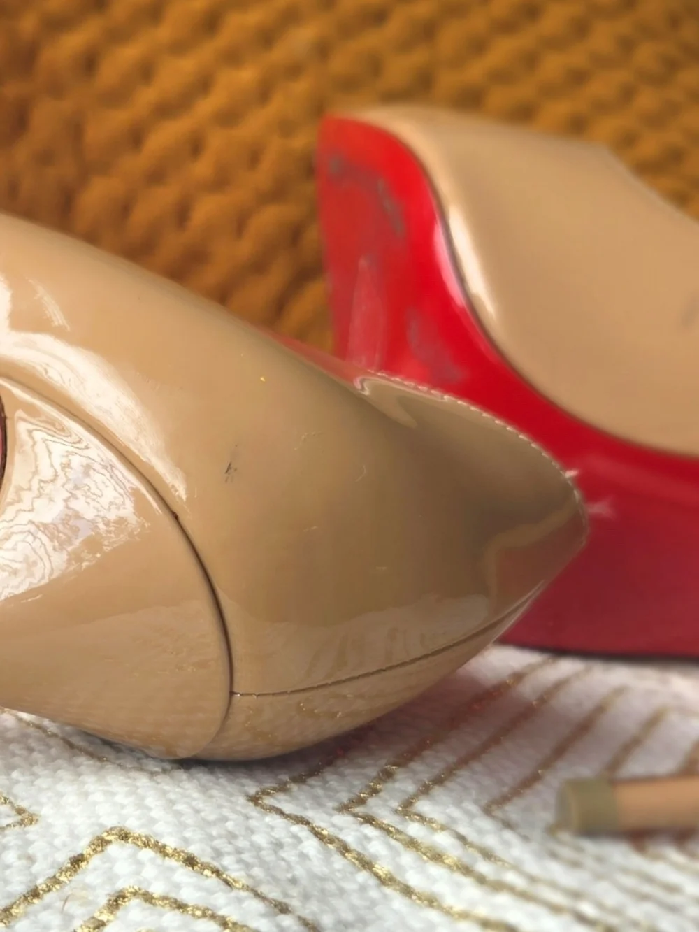 Christian Louboutin Beige Patent Leather Pointed Toe Pumps with Red Soles